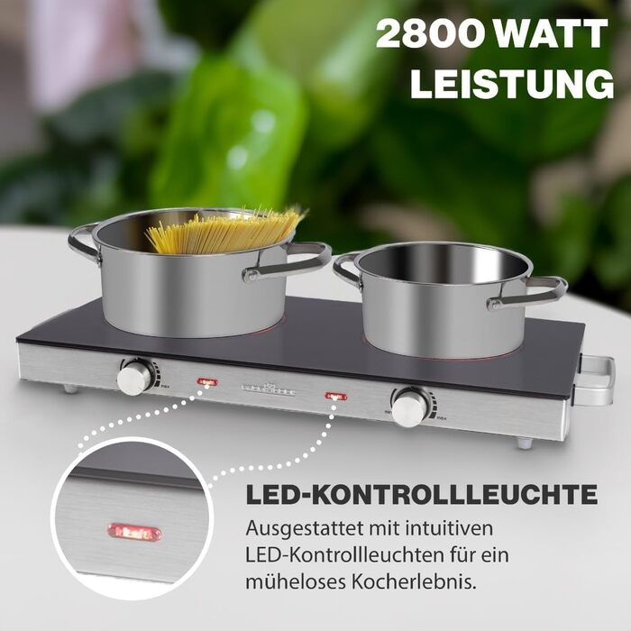 Інфрачервона подвійна конфорка ProfiCook Енергозберігаюча плита з двома варильними поверхнями Варильна поверхня зі стійкого до подряпин склокераміки Варильна плита для всіх типів каструль Подвійна конфорка 2800 Вт ПК-ДКП 1211