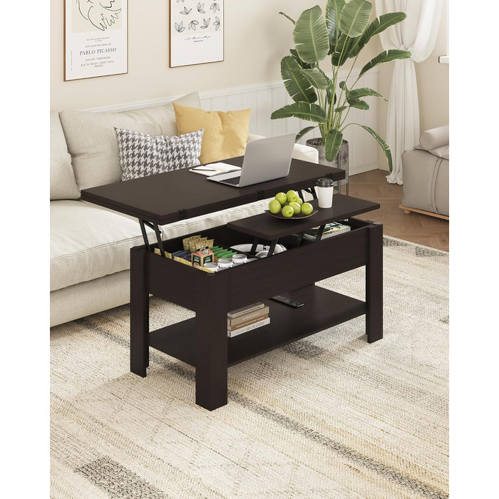 Журнальний столик з регульованою висотою, багатофункціональний стіл для вітальні 3-в-1, журнальний столик, приховане місце для зберігання, відкрите відділення, можна використовувати як обідній стіл, для вітальні, офісу, чорно-коричневий