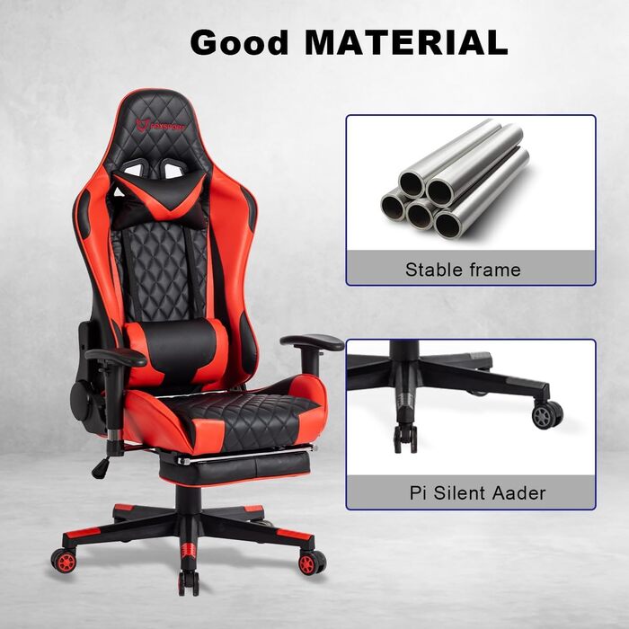 Ергономічне ігрове крісло, повністю регульоване з підлокітниками, підставкою для ніг, підголівником, спинкою та подушкою функція нахилу максимальний комфорт для геймерів та офісних працівників. З підставкою для ніг, червоного кольору.