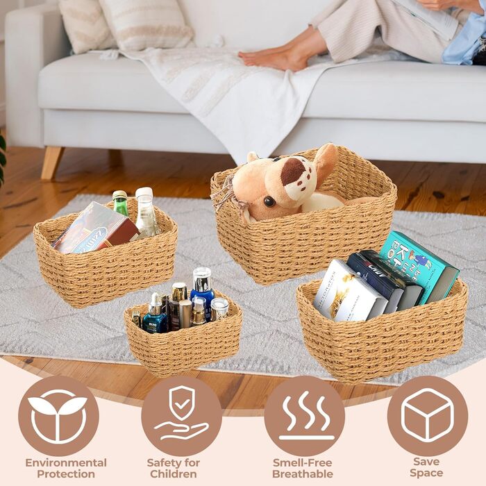 Набір із 5 плетених кошиків для зберігання, плетені кошики для зберігання з паперової мотузки, штабелювані кошики для зберігання одягу, кухні, ванної кімнати, зберігання іграшок