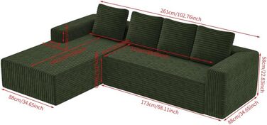 Кутовий диван, 4-місний диван, 3-місний диван, модульний компресійний диван з L-подібним шезлонгом, не потребує складання (плюс вельветова тканина) (зелений)