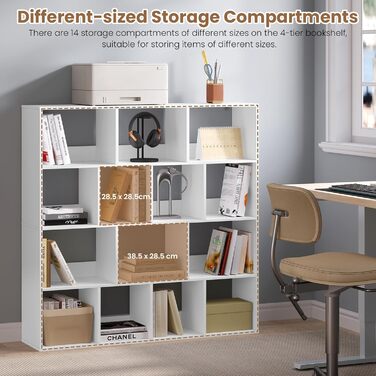 Книжкова полиця eSituro, окремостояча полиця з 14 відділеннями, кубічна полиця, полиця для зберігання, офісна полиця, відкрита полиця для вітальні, кабінету, офісу, компактна, 120x120x30 см, білий