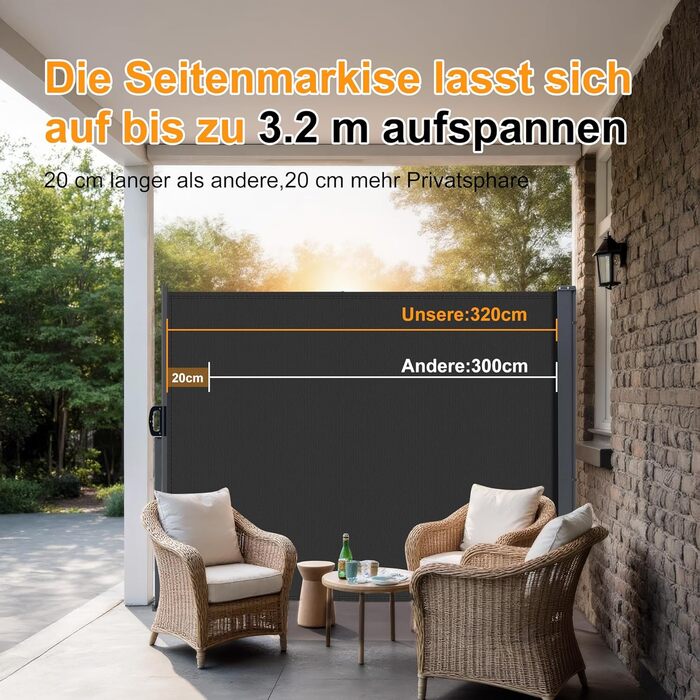 Розсувний бічний тент, 160 x 30020 см Антрацит, Сонячний тент із екраном для приватності, Вітрозахист, Водонепроникний бічний висувний тент, Бічна рулонна штора для балкону, тераси, саду, Ш320 x В160 см Антрацит