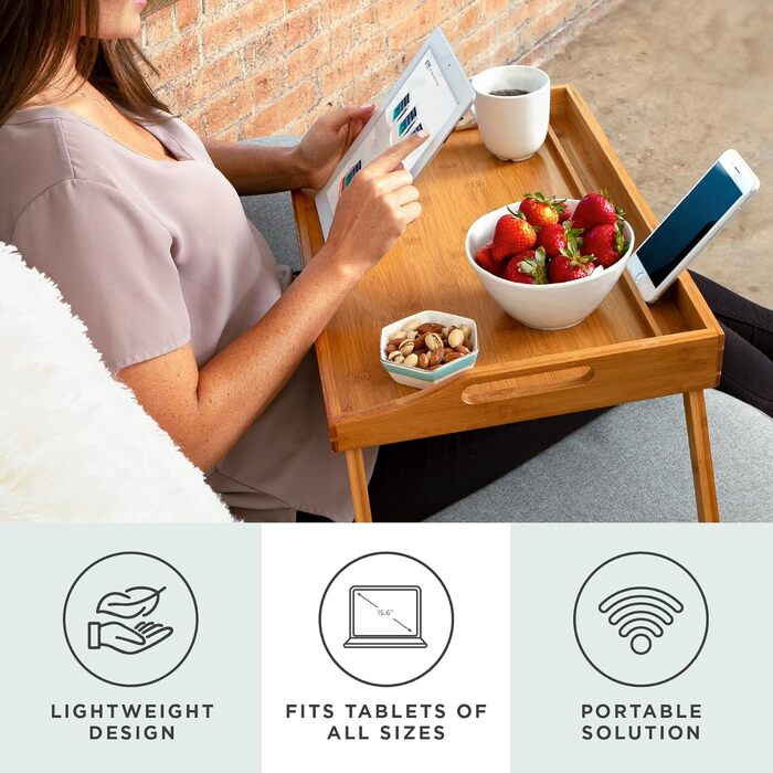 Бамбуковий піднос для ліжка ROSSIE HOME, великий, з тримачем для телефону та ноутбука (до 15.6 дюймів), натуральний колір, арт. 78007