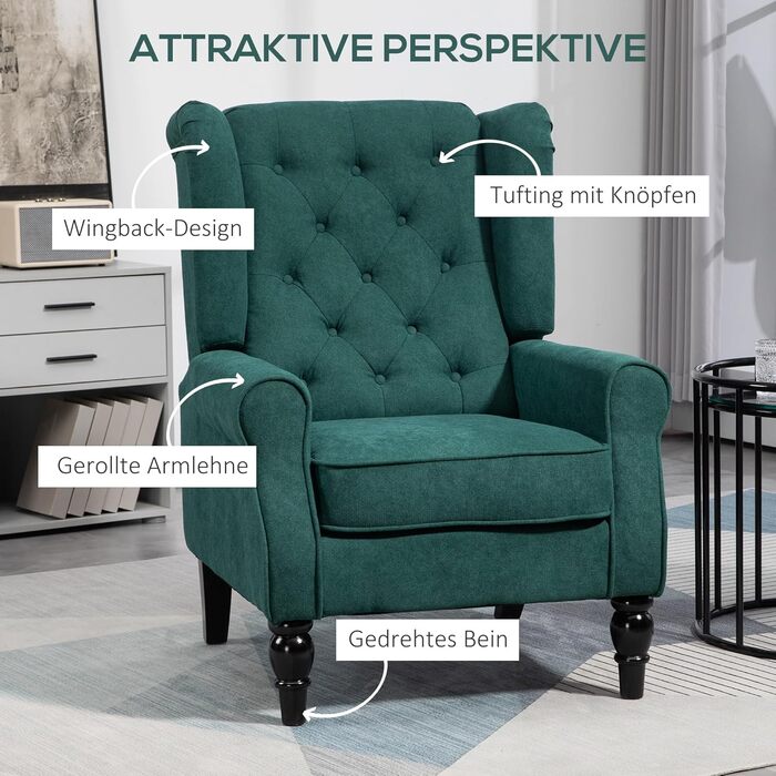 Крісло HOMCOM, крісло з відкидною спинкою та подушками, з м&39якою оббивкою, висока спинка, дерев&39яні ніжки, розслаблююче крісло для вітальні, спальні, темно-зелена тканина з імітацією льону