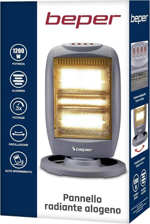Галогенна нагрівальна панель BEPER P203PAN011, 400/800/1200 Вт, 3 нагрівальні елементи, 3 рівні потужності, автоматичне горизонтальне коливання, функція ECO та автоматичне вимкнення, сіра