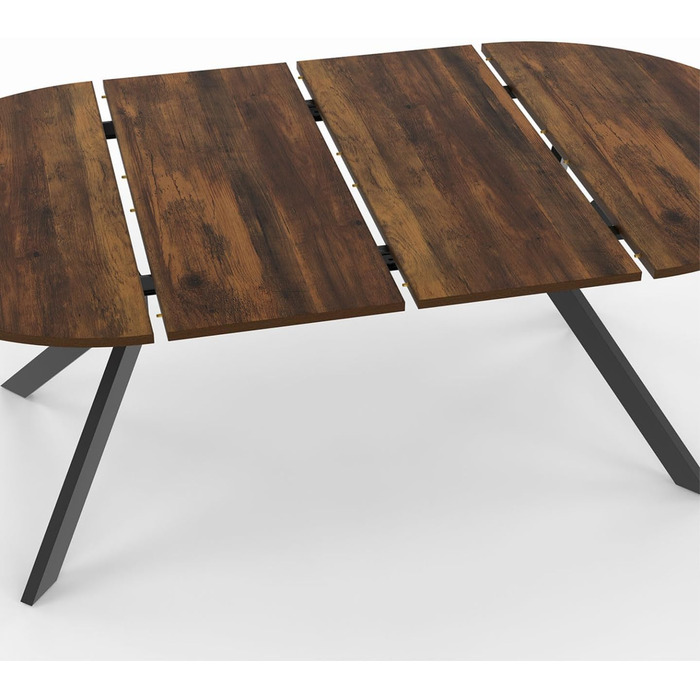 Розкладний круглий обідній стіл ALIX 4-10 персон на ніжках-павуках, темне дерево Hawkins та чорний 110-200 см