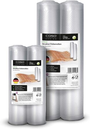 Набір текстурованих плівок CASO Comfort, набір рулонів плівки для всіх вакуумних ущільнювачів і плівкових герметиків, без BPA, міцний і стійкий до розриву, 105 мкм, стабільний зварний шов, підходить для сувіду, набір рулонів зроблено в Німеччині 4 рулони 