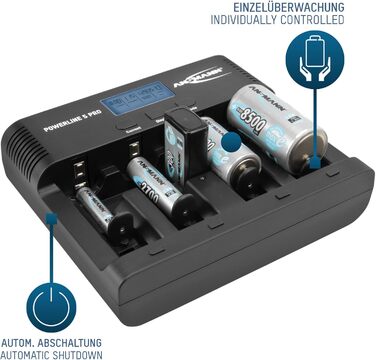 Зарядний пристрій ANSMANN для акумуляторів AA/AAA/C/D/9V NiMH - Зарядний пристрій з 5 програмами заряджання заряджання, розряджання, тестування, оновлення, швидке заряджання USB - Powerline 5 Pro 2 акумулятори Baby C ємністю 2500 мАг, включаючи 2 акумулят