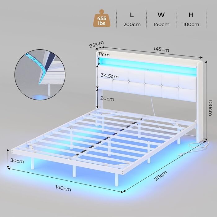 М&39яке ліжко 140x200 см, Ліжко 140 x 200 зі світлодіодним освітленням та зарядною станцією, Каркас ліжка з узголів&39ям, Каркас двоспального ліжка Плаваючий каркас ліжка, Металеве ліжко, ПУ, Сучасне, Біле (без матраца) 140 x 200 см Білий