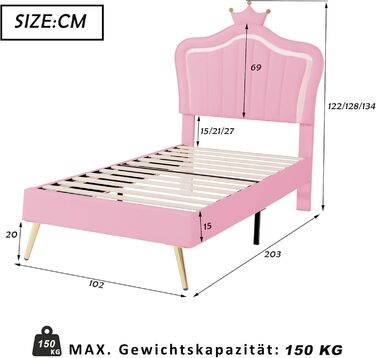 Дитяче ліжко FEZTOY м'яке ліжко 90x200, каркас ліжка для дівчаток, з регульованим узголів'ям, корончатий двоспальний каркас ліжка