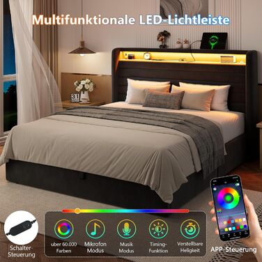 Ліжко FEONASE 140x200 з місцем для зберігання, М&39яке ліжко 140x200 см зі світлодіодним освітленням та зарядною станцією, Каркас ліжка з гідравлічним та велюровим узголів&39ям, місцем для зберігання, рейкова основа, Матрац не входить до комплекту, Темно-