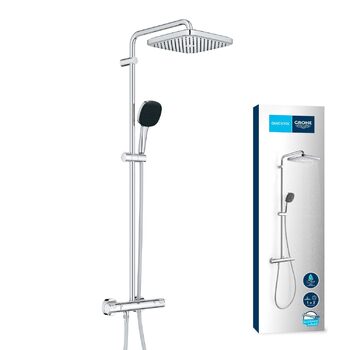 Душова система GROHE Vitalio 250, водозаощаджувальна (8 л/хв), з термостатом, поворотним тропічним душем, блокуванням при 38C та системою проти вапняного нальоту, квадратна, хром, 26696001