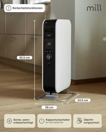 Масляний радіатор Mill, 1500 Вт, електричний обігрівач, до 22 м, безшумний, енергозберігаючий електричний обігрівач, безпечний електричний радіатор з програмою день/ніч, білий електричний радіатор, 18-22 м