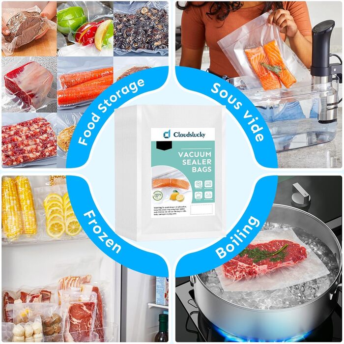 Пакети для вакуумного пакування Cloudslucky Харчові 100 шт. Вакуумні пакети 2030 см Пакети для заморожування Професійні пакети для всіх вакуумних пакувальників, без BPA, киплячі та sous Vide Пакети для вакуумного пакування Вакуумні пакети для їжі 20*30 10