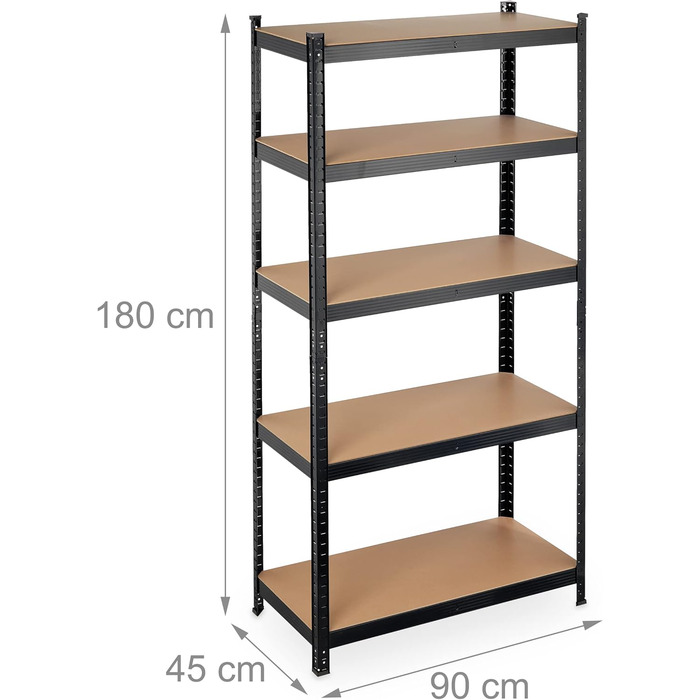 Надміцний стелаж Relaxdays, 5 ярусів, сталь, В x Ш x Г 180 x 90 x 45 см, чорний Вантажопідйомність 875 кг, модульний, для підвалу, гаража