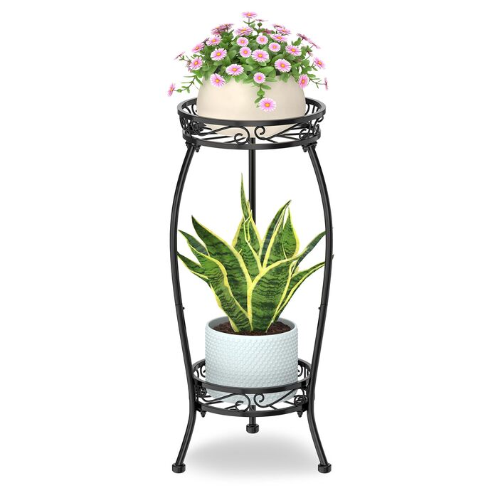 Дворівнева підставка для рослин чорного кольору для використання в приміщенні та на вулиці, для великих, високих квіткових горщиків на терасі, міцна вертикальна металева полиця для вузьких кутів підлоги, стабільний тримач-органайзер, чорний відтінок