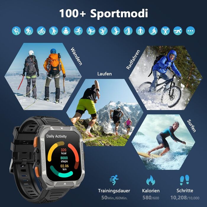 Чоловічий смарт-годинник Blackview з GPS/компасом/Bluetooth дзвінками/світлодіодним підсвічуванням/чатом/перекладачем, спортивний годинник зі 100 спортивними режимами - пульс - сон - кроки - калорії - кілометраж, фітнес-годинник для Android та iOS, GPS - 