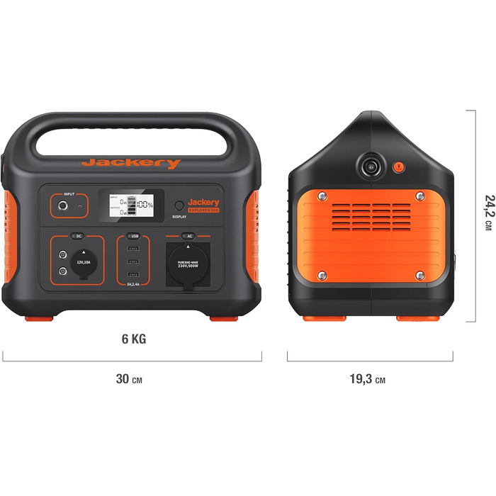 Портативна електростанція Jackery Explorer 500, мобільна електростанція 518 Втгод з розеткою 230 В/500 Вт (пікова потужність 1000 Вт) USB, мобільний блок живлення з РК-дисплеєм для вечірки, кемпінгу, автофургону, DIY E500