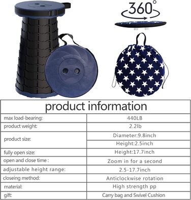 Телескопічний стілець, складаний, легкий та портативний, стілець для дорослих, кемпінговий стілець для походів, риболовлі, подорожей, барбекю, максимальне навантаження 200 кг, з сумкою для перенесення морського класу