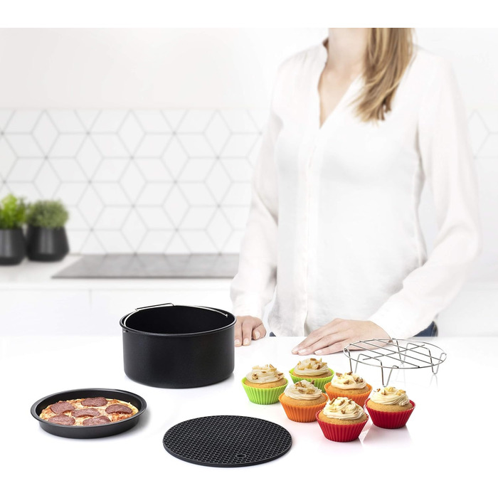 Набір аксесуарів Princess з 10 предметів для фритюрниці XL 3.2 літра - піддон для горщика, деко для піци, форма для торта, решітка для гриля, миска для мафінів, 182011, чорний