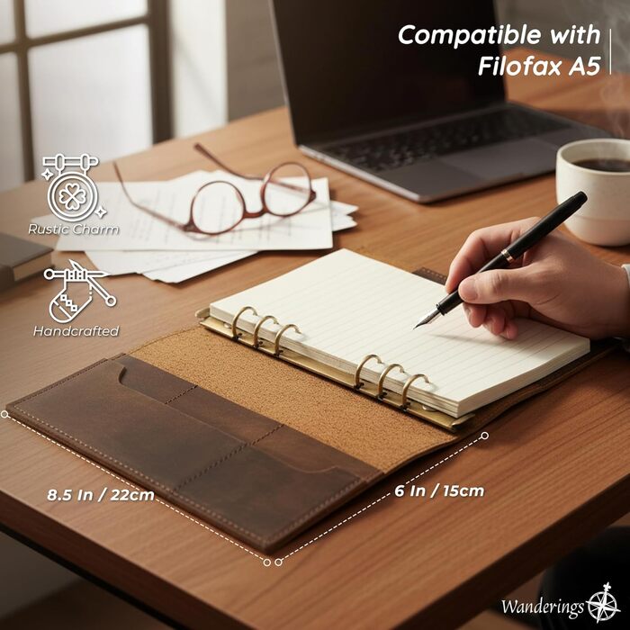 Планер Wanderings зі шкіри A5 сільський багаторазовий щоденник на 6 кілець органайзер ручної роботи зі справжньої шкіри сумісний з Filofax. 100 аркушів, 200 сторінок у лінійку 6&39 x 8,5&39 / 22 x 15 см
