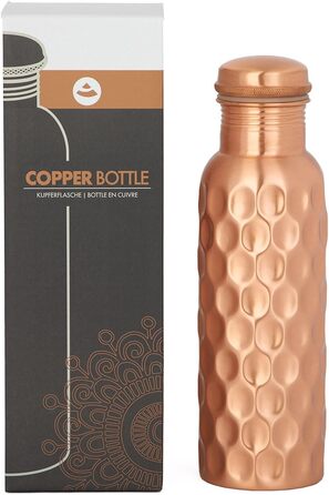 Мідна пляшка Bodhi Аюрведична пляшка для води з чистої міді Пляшка з дизайнерським оздобленням Об&39єм 800 мл Пляшка для води з кришкою-гвинтом та силіконовою пломбою Діамантовий дизайн, кований