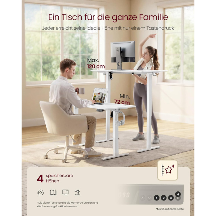 Стіл з регульованою висотою, стіл для роботи стоячи, комп&39ютерний стіл, нагадування про тривале сидіння, функція пам&39яті з 4 висотами, для офісу, 100 x 60 см, хмарно-білий LSD310WZ03 хмарно-білий 100 x 60 см