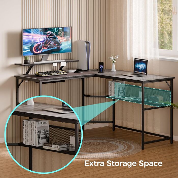 Г-подібний стіл Mondeer зі світлодіодним підсвічуванням, ігровий стіл 130 x 130 см з 2 розетками та 2 портами USB для зарядки, кутовий стіл із сітчастим відділенням для зберігання та гачками, для домашнього офісу та спальні, колір сажа