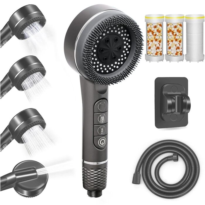 Душова лійка з шлангом та тримачем, ручна душова лійка високого тиску з фільтром від вапняного нальоту, водозберігаюча душова лійка зі стоп-функцією, душовий шланг з лійкою для підвищеного тиску води (сірий)