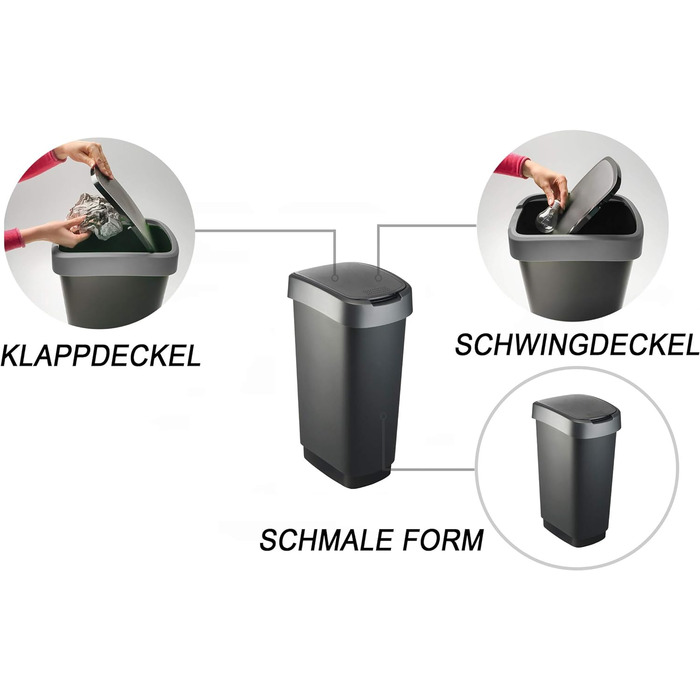 Відро для сміття Rotho Twist 50 л з кришкою, пластик (PP) без вмісту BPA, чорний/сріблястий, 50 л (40,1 x 29,8 x 60,2 см)