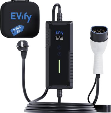 Зарядний кабель EVify тип 2 Schuko 3.7кВт 5М 16А для електромобілів та гібридів у комплекті з сумкою для кабелю - регульований струм/потужність заряду 68101316А, ідеально підходить для фотоелектричних систем