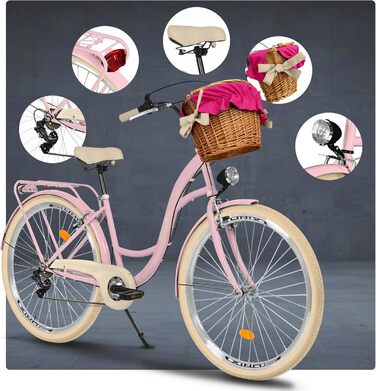 Велосипед Milord Comfort з плетеним кошиком, голландський велосипед, жіночий велосипед, міський велосипед, вінтажний, 28 дюймів, рожево-кремовий, 7 швидкостей