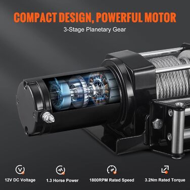 Електрична лебідка VEVOR 12 В 2000 фунтів/907 кг Лебідка для позашляхового двигуна Тросовий шків Електрична лебідка Сталевий трос з дротовим пультом дистанційного керування Чорний ідеально підходить для середніх великих позашляховиків, вантажівок і навіть