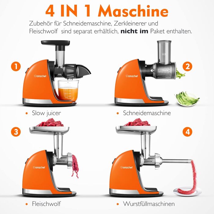 Переможець тесту овочів та фруктів на соковижималку AMZCHEF - Соковижималка Повільна соковижималка з функцією зворотного жування - Ніжне подрібнення без фільтрації - Електрична соковижималка зі щіткою та 2 чашками - Яскравий помаранчевий