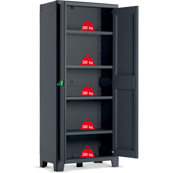 Висока пластикова шафа Keter Moby, антрацит/зелений/сірий, 80 x 44 x 182 см, включаючи 4 полиці з регульованою висотою вантажопідйомністю 30 кг кожна, підходить для використання всередині та зовні приміщень, стійка до ультрафіолетового випромінювання та в