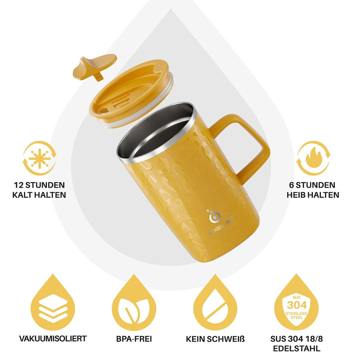 Чашка для кави Ideus 470 мл (16 унцій), чашка для кави та чаю з подвійними стінками з вакуумною ізоляцією з нержавіючої сталі з нековзкою ручкою та великою ємністю (Leapord Honey)