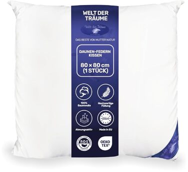 Пухова подушка Світ мрій з 1 пухом 3-камерна подушка Трикамерна подушка 80x80 см Вага наповнювача 1400 грамів Чохол 100 бавовна Пухова подушка Не вищипує живих істот Білий