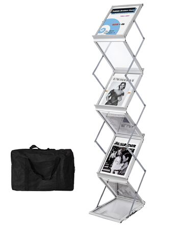 Складана підставка для брошур TUKA-i-AKUT з 6 відділеннями, формат A4, виготовлена з алюмінію/акрилу, включає сумку для перенесення, підставку для літератури, підставку для брошур на підлогу, підставку для журналів, тримач для каталогів, складаний дисплей