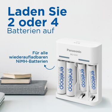 Зарядний пристрій eneloop Basic USB, для 2-4 нікель-металгідридних акумуляторів типу AA/AAA, час заряджання 10 годин, 6 функцій безпеки, включаючи 4 акумулятори eneloop типу AA (2000 мАг), зарядний пристрій USB з 4 акумуляторами eneloop типу AA