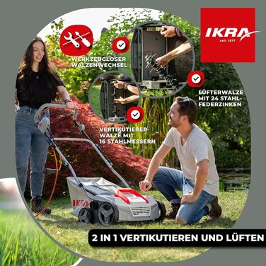 Аератор газону IKRA Elektro IEVL 1838, мішок для збору трави 40л, ширина захвату 38см, регульована глибина обробки, потужність 1800 Вт