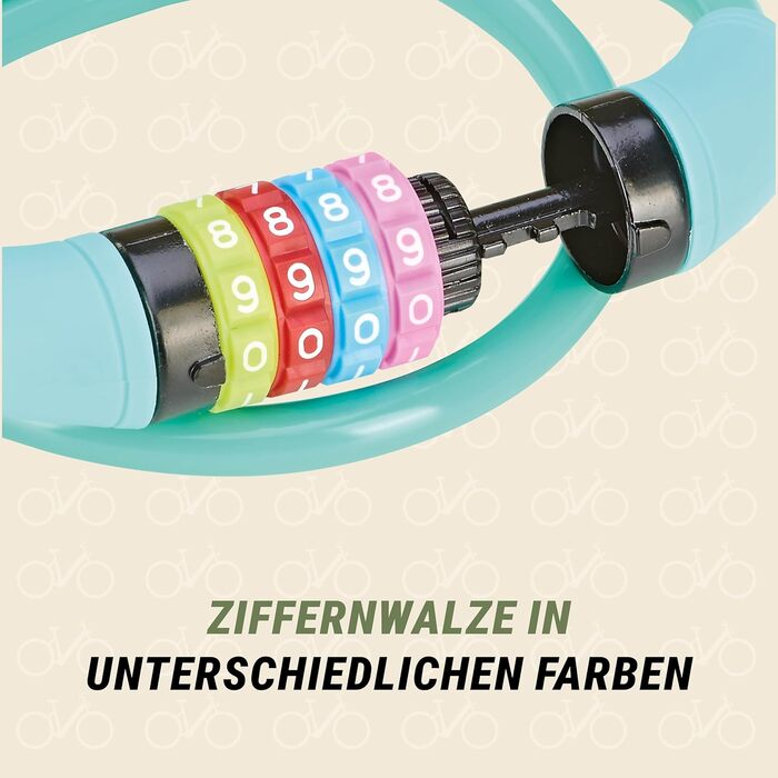 Велосипедний замок Prophete, дитячий кодовий замок з цифрами, 4-значний код, з можливістю самостійного налаштування, розміри 650 мм, діаметр 10 мм, бірюзовий