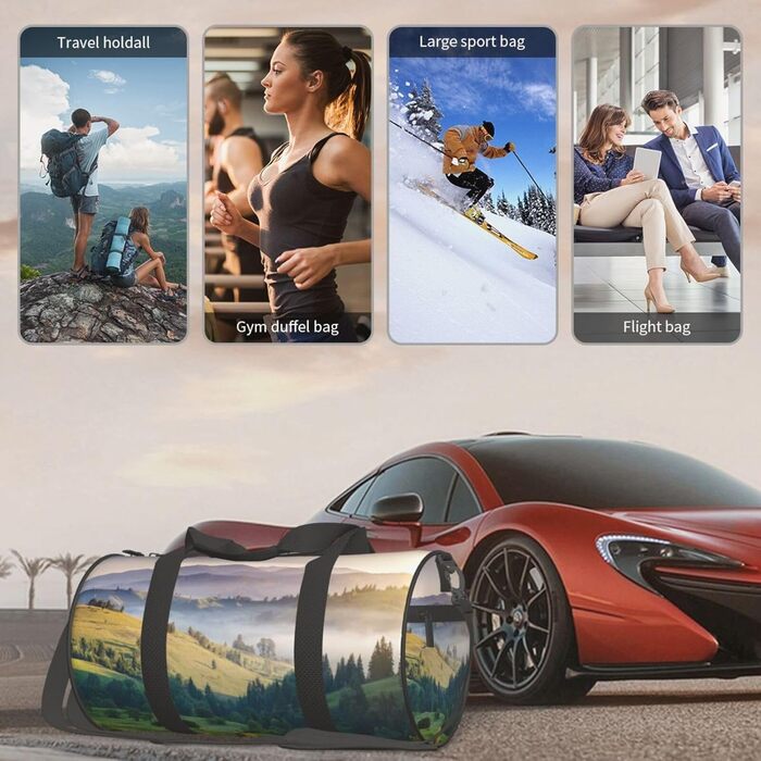 Спортивна сумка для подорожей Світанок, з принтом пейзажу, чорна, універсальний розмір