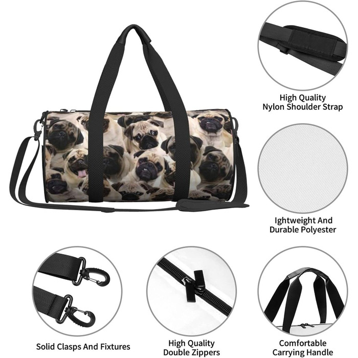 Дорожня сумка Париж, кругла, великої місткості, легка та міцна, ідеальний подарунок для походів, відпустки, ділових поїздок та іншого, з милим зображенням мопса, універсальний розмір