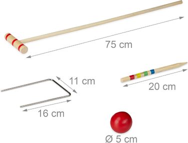 Набір для крокету Relaxdays, 4 гравці (діти та дорослі), повний комплект із сумкою, дерево, натуральний колір, одинарний, ЄС