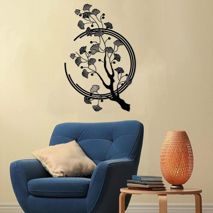 Великі металеві настінні картини з листя гінкго, чорне оздоблення стін підходить для вітальні, спальні, кабінету, офісу (чорний)