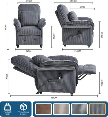 Моторне електричне крісло-реклайнер, крісло для телевізора з функцією відкидання, крісло для телевізора у вітальні з колесами, регульована спинка та підставка для ніг, 2 бічні кишені, вельветовий диван, темно-сірий, 2-