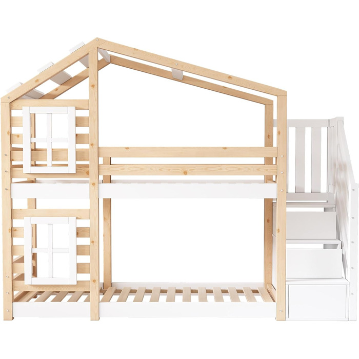 Дитяче ліжко Kehun Двоярусне ліжко 90 x 200, Ліжко-будиночок для 2 дітей, Ліжко-горище з дерев&39яною рейковою основою, Дерев&39яне ліжко з шухлядою та вікном, Ліжко-будиночок на дереві із захистом від падіння та сходами, Натуральний та білий, Без матраца