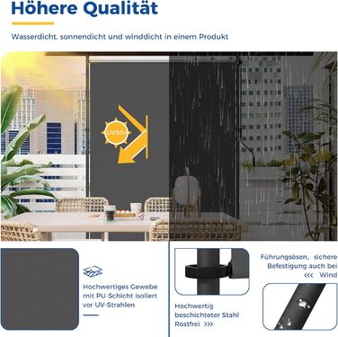 Вертикальна тентована маркіза для вулиці, Вертикальна тентована маркіза без свердління, Балконна жалюзі з ручним приводом, Ширма для забезпечення конфіденційності, Захист від сонця, Вітрозахист, Балкон та сад, 200 x (220-310) см, Ширина тканини 185,5 см, 