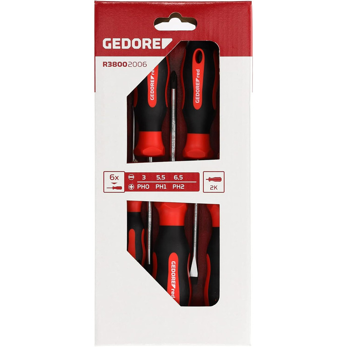 Набір викруток GEDORE red 6 предметів, плоскі та хрестоподібні, двокомпонентна ручка, інструмент, R38002006